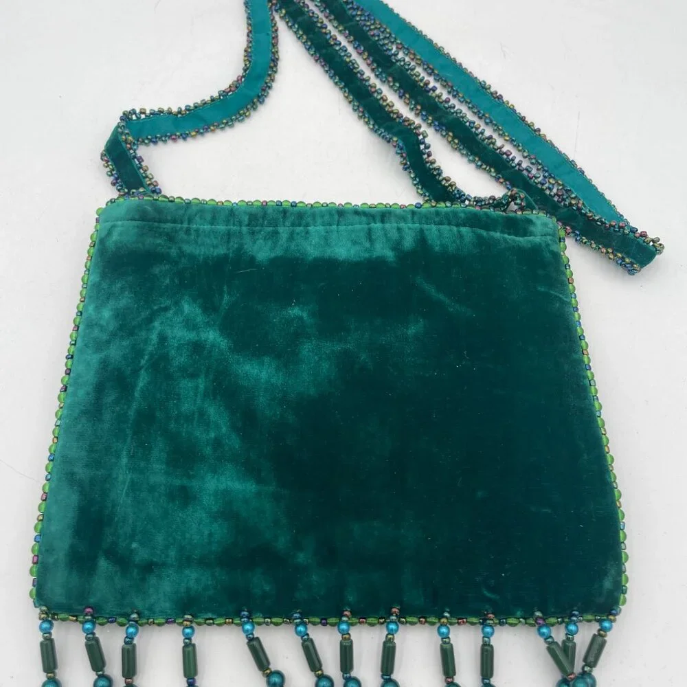 Handcrafted Boho Artisan Green Velvet Beaded Bag Feather Gem Bead Fringe Beaded - Picture 4 of 6